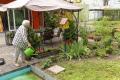 Korian Schauinsland Tagespflege Sonnenhof Garten mit gießender Dame (thumb)
